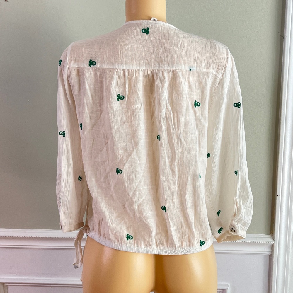 Hope Springs Boho Blouse L Womens Scalloped V-Neck Side Tie White Green - Picture 6 of 11